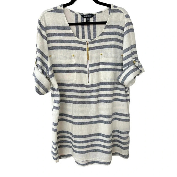 Ellen Tracy Women's Linen Striped Gold Accents Rollup Cuffed Sleeve Top Size XL - Picture 1 of 6